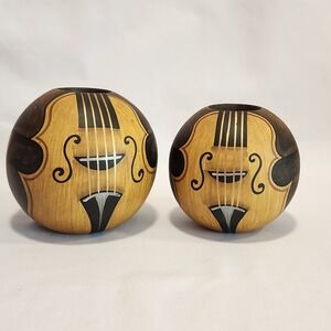 Set‎ of 2 Round Violin Tea Light Candle Holders Hollow Ceramic Orchestra Music